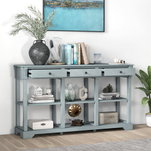 58 Inch Retro Console Table with 3 Drawers and Open Shelves Rectangular Entryway Table-Blue