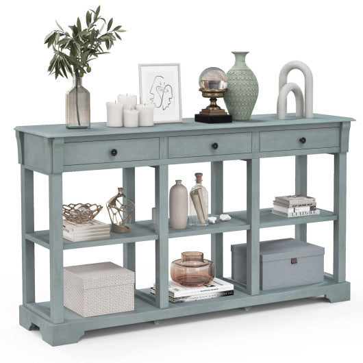 58 Inch Retro Console Table with 3 Drawers and Open Shelves Rectangular Entryway Table-Blue