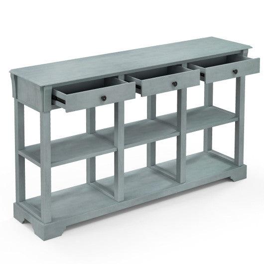 58 Inch Retro Console Table with 3 Drawers and Open Shelves Rectangular Entryway Table-Blue