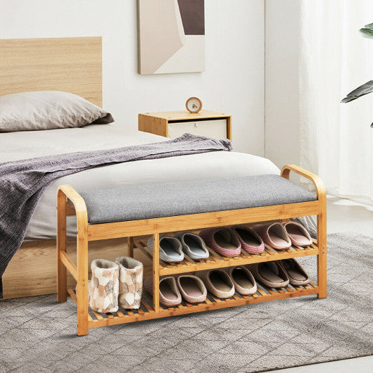 3-Tier Bamboo Shoe Rack Bench with Cushion-Natural