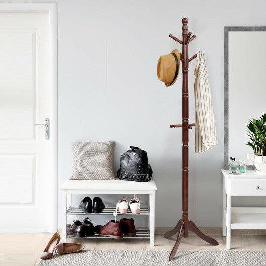 Entryway Height Adjustable Coat Stand with 9 Hooks-Brown