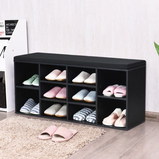 10-Cube Organizer Shoe Storage Bench with Cushion for Entryway-Black