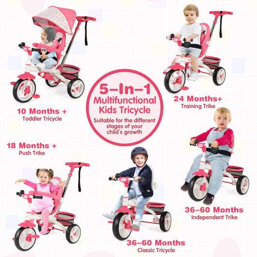 5-in-1 Detachable Baby Stroller Tricycle with Round Canopy-Pink