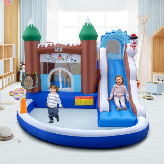 6-in-1 Winter Theme Snowman Inflatable Castle with Slide and Trampoline without Blower