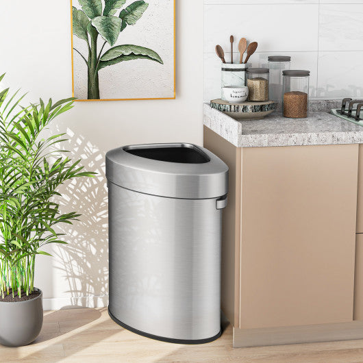 60L Stainless Corner Steel Trash Bin with Lid and Anti-slip Bottom-Silver