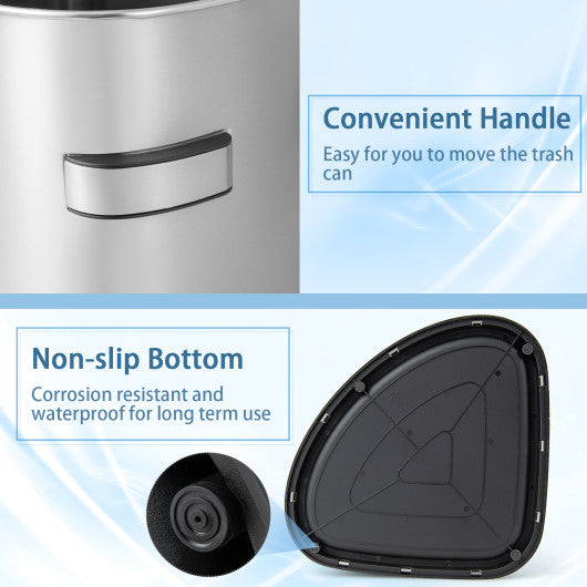 60L Stainless Corner Steel Trash Bin with Lid and Anti-slip Bottom-Silver