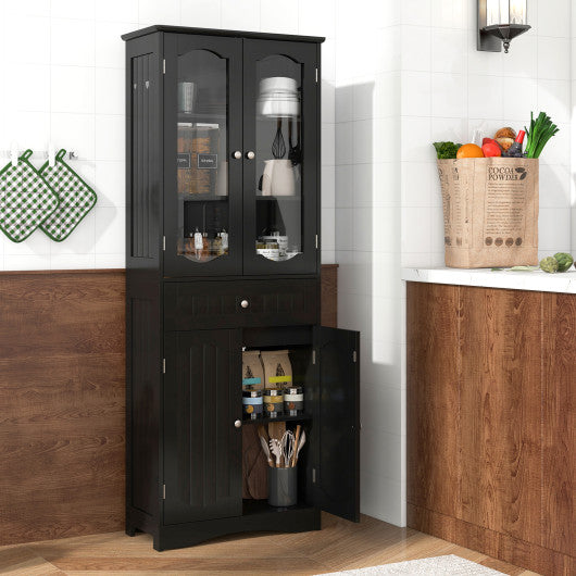 63 Inch Tall Bathroom Storage Cabinet with 2 Glass Doors and Adjustable Shelves-Black