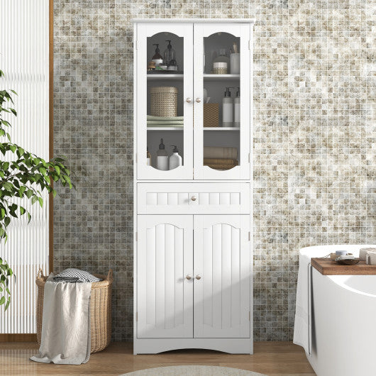 63 Inch Tall Bathroom Storage Cabinet with 2 Glass Doors and Adjustable Shelves Drawer-White