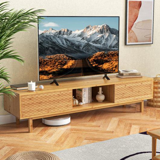 63 Inches Mid Century Modern Bamboo TV Stand with Sliding Doors-Natural