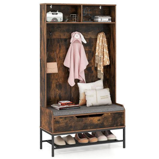 69 Inches Tall Hall Tree 4-in-1 Coat Rack with Seat Cushion and Shoe Storage-Rustic Brown