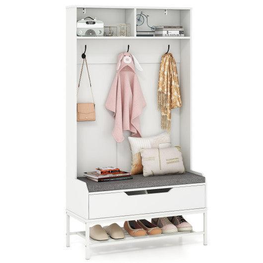 69 Inches Tall Hall Tree 4-in-1 Coat Rack with Seat Cushion and Shoe Storage-White