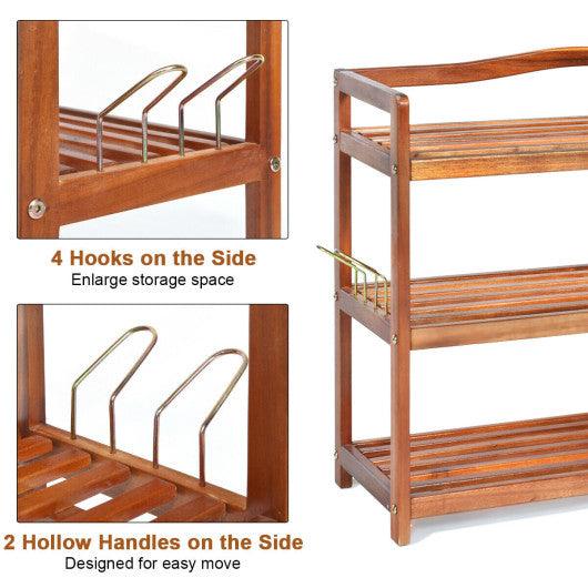 3-Tier Acacia Wood Shoe Rack with Side Metal Hooks