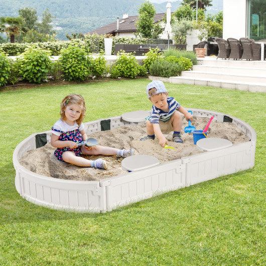 6 Feet Kids Oval Sandbox with Built-in Corner Seat and Bottom Liner-White