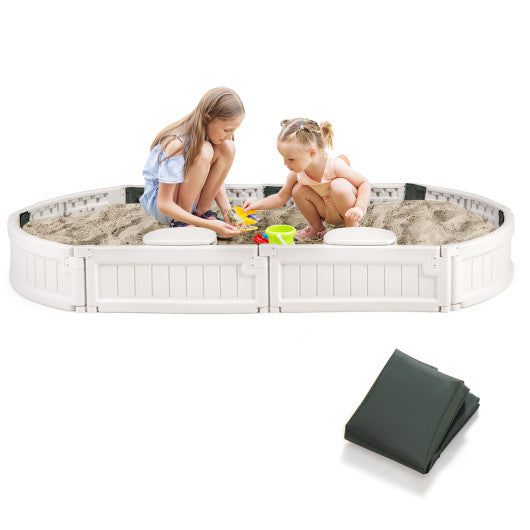 6 Feet Kids Oval Sandbox with Built-in Corner Seat and Bottom Liner-White