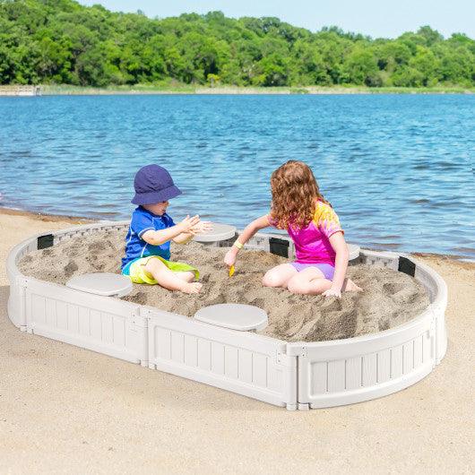 6 Feet Kids Oval Sandbox with Built-in Corner Seat and Bottom Liner-White