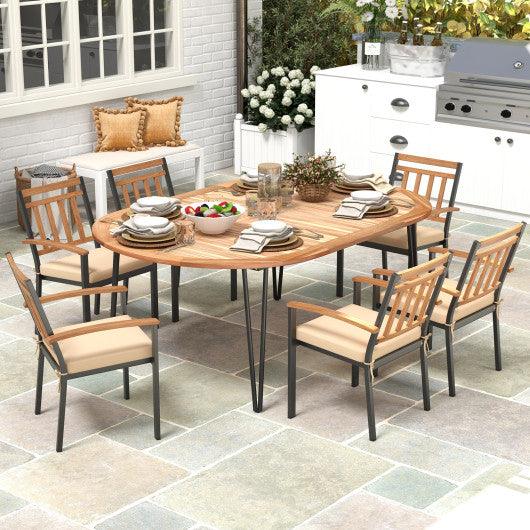 79 Inch Oval Patio Dining Table with Umbrella Hole and Acacia Wood Tabletop for 8 People