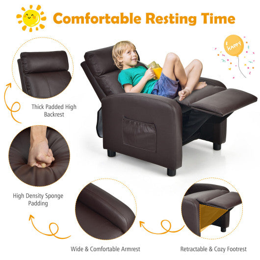 Ergonomic PU Leather Kids Recliner Lounge Sofa for 3-12 Age Group-Brown