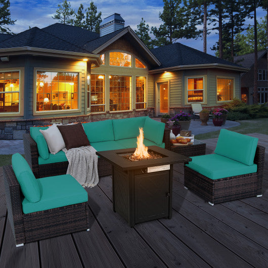 7 Pieces Patio Furniture Set with 28 Inches 50000 BTU Propane Gas Fire Pit Table-Turquoise