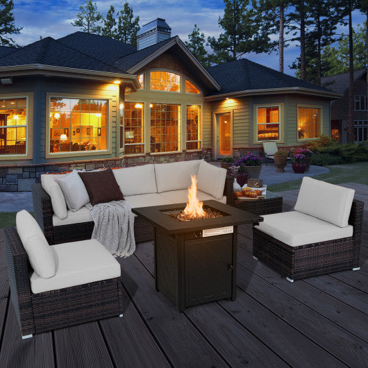 7 Pieces Patio Furniture Set with 28 Inches 50000 BTU Propane Gas Fire Pit Table-White