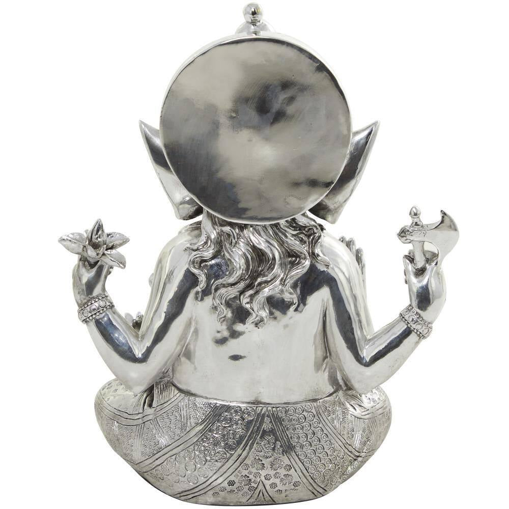 Silver Polystone Meditating Ganesh Sculpture with Engraved Carvings and Relief Detailing