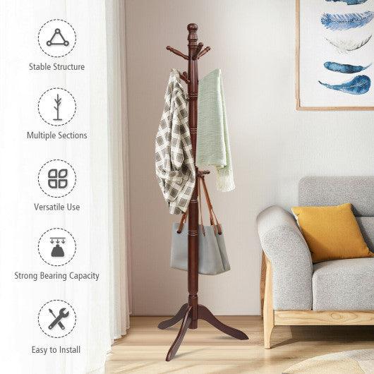 Entryway Height Adjustable Coat Stand with 9 Hooks-Brown