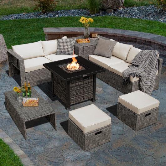 9 Pieces Outdoor Patio Furniture Set with 32-Inch Propane Fire Pit Table-Off White