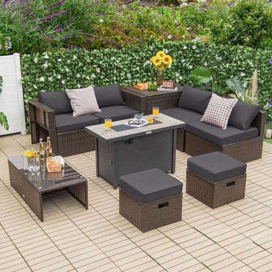 9 Pieces Outdoor Patio Furniture Set with 42 Inch Propane Fire Pit Table-Gray