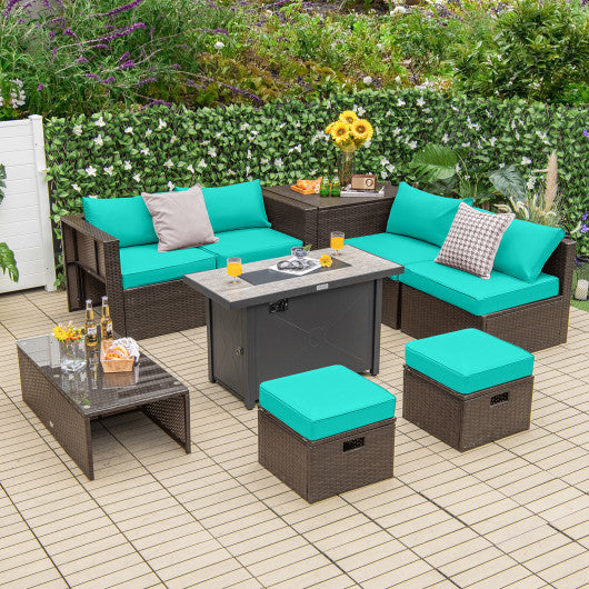 9 Pieces Outdoor Patio Furniture Set with 42 Inch Propane Fire Pit Table-Turquoise