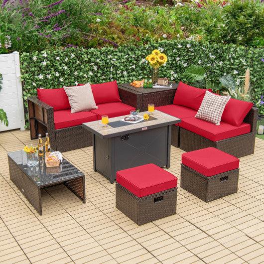 9 Pieces Outdoor Patio Furniture Set with 42 Inch Propane Fire Pit Table-Red