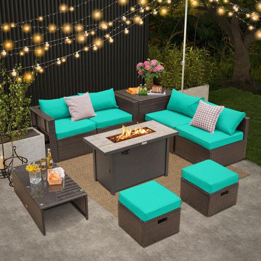 9 Pieces Outdoor Patio Furniture Set with 42 Inch Propane Fire Pit Table-Turquoise