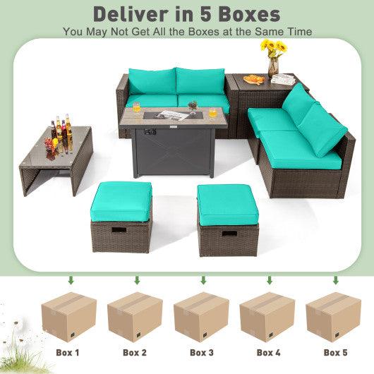 9 Pieces Outdoor Patio Furniture Set with 42 Inch Propane Fire Pit Table-Turquoise