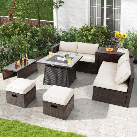 9 Pieces Patio PE Wicker Sectional Set with 50000 BTU Fire Pit Table-Off White