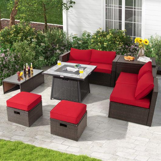 9 Pieces Patio PE Wicker Sectional Set with 50000 BTU Fire Pit Table-Red