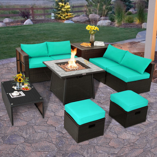 9 Pieces Patio PE Wicker Sectional Set with 50000 BTU Fire Pit Table-Turquoise