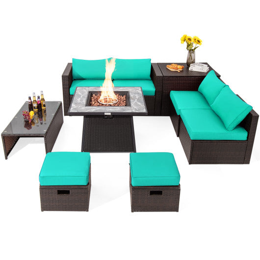 9 Pieces Patio PE Wicker Sectional Set with 50000 BTU Fire Pit Table-Turquoise