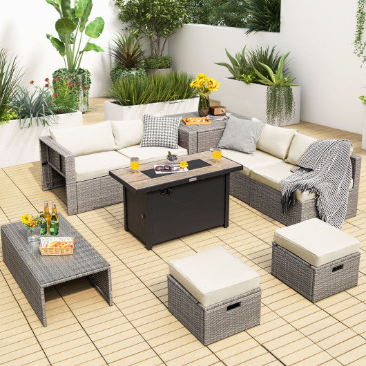 9 Pieces Patio Furniture Set with 42 Inches 60000 BTU Fire Pit-White