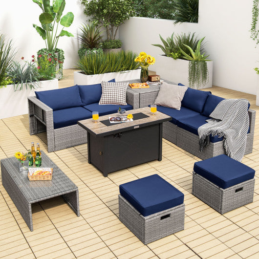 9 Pieces Patio Furniture Set with 42 Inches 60000 BTU Fire Pit-Navy