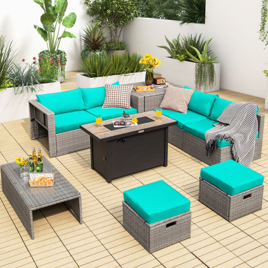 9 Pieces Patio Furniture Set with 42 Inches 60000 BTU Fire Pit-Turquoise