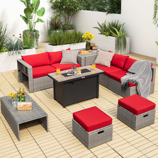 9 Pieces Patio Furniture Set with 42 Inches 60000 BTU Fire Pit-Red
