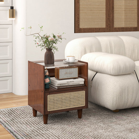 Bamboo Rattan Nightstand with Drawer and Solid Wood Legs-Brown