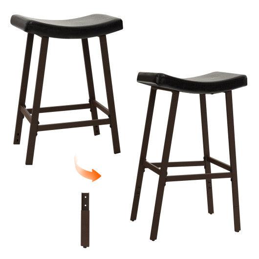 Bar Stools Set of 2 with PU Leather Upholstered Saddle Seat and Footrest-Brown