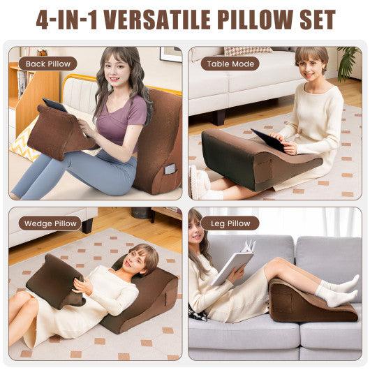 Bed Wedge Pillow with Tablet Pillow Stand and Side Pockets-Brown