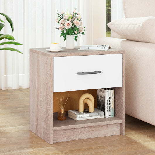 Bedside Table Nightstand with Drawer and Open Storage Shelf-Natural & White