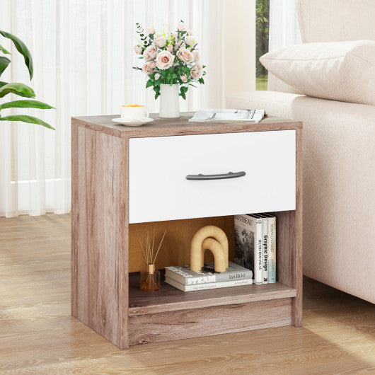 Bedside Table Nightstand with Drawer and Open Storage Shelf-Oak