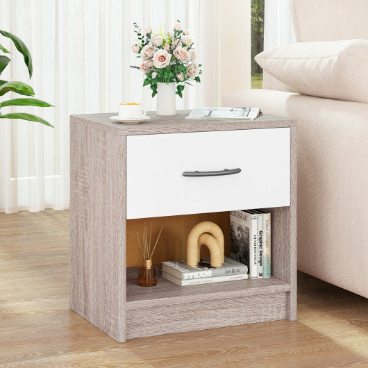 Bedside Table Nightstand with Drawer and Open Storage Shelf-Light Gray