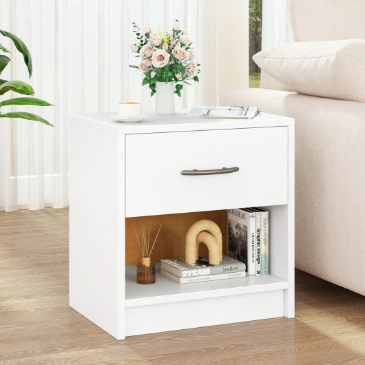 Bedside Table Nightstand with Drawer and Open Storage Shelf-White