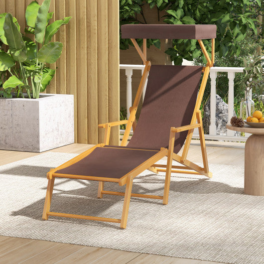 Birch Wood Chaise Lounge Chair Foldable Beach Chair with Adjustable Canopy-Brown