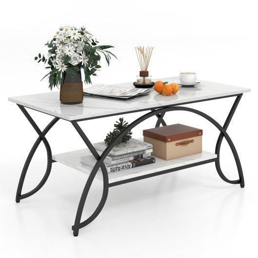 2-Tier Faux Marble Coffee Table with Marble Top and Metal Frame-Black & White