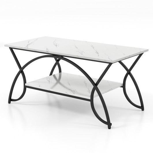 2-Tier Faux Marble Coffee Table with Marble Top and Metal Frame-Black & White