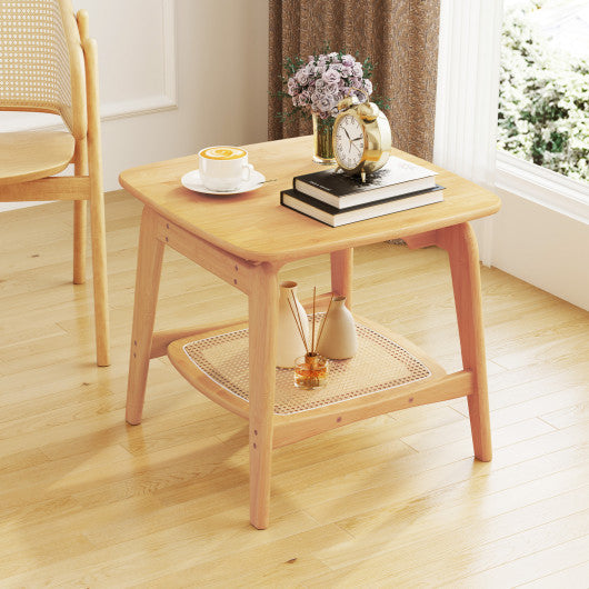 Boho Bamboo Sofa Side Table with Faux Rattan Storage Shelf-Natural